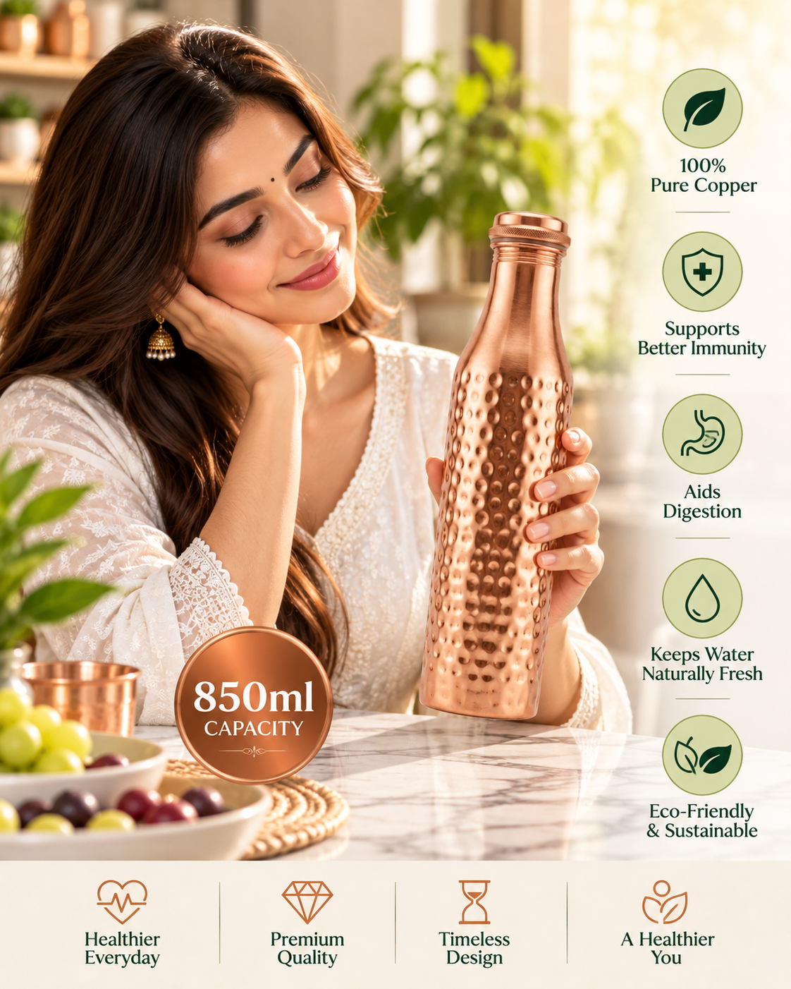 Premium Hammered Pure Copper Water Bottle 850ml with Tapered Neck – Leak-Proof Designer Ayurveda Health Flask with Knurled Dome Cap for Wellness, Gym, and Office