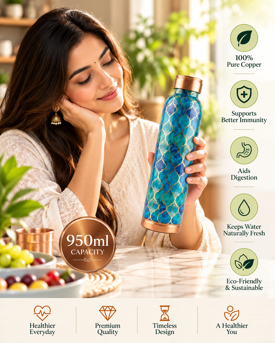 Premium Printed Copper Water Bottle 950ml with Luxury Moroccan Trellis Pattern – Leak-Proof Designer Ayurveda Health Flask for Wellness, Travel, and Office