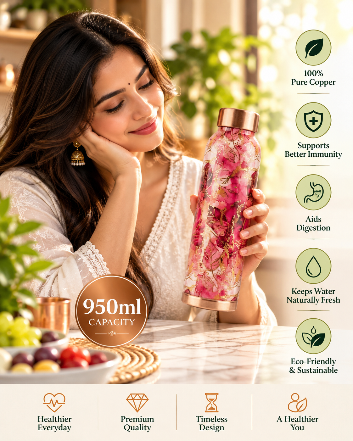 Premium Printed Copper Water Bottle 950ml with Luxury Pink Floral Design – Leak-Proof Designer Ayurveda Health Flask with Elegant Gold Accents