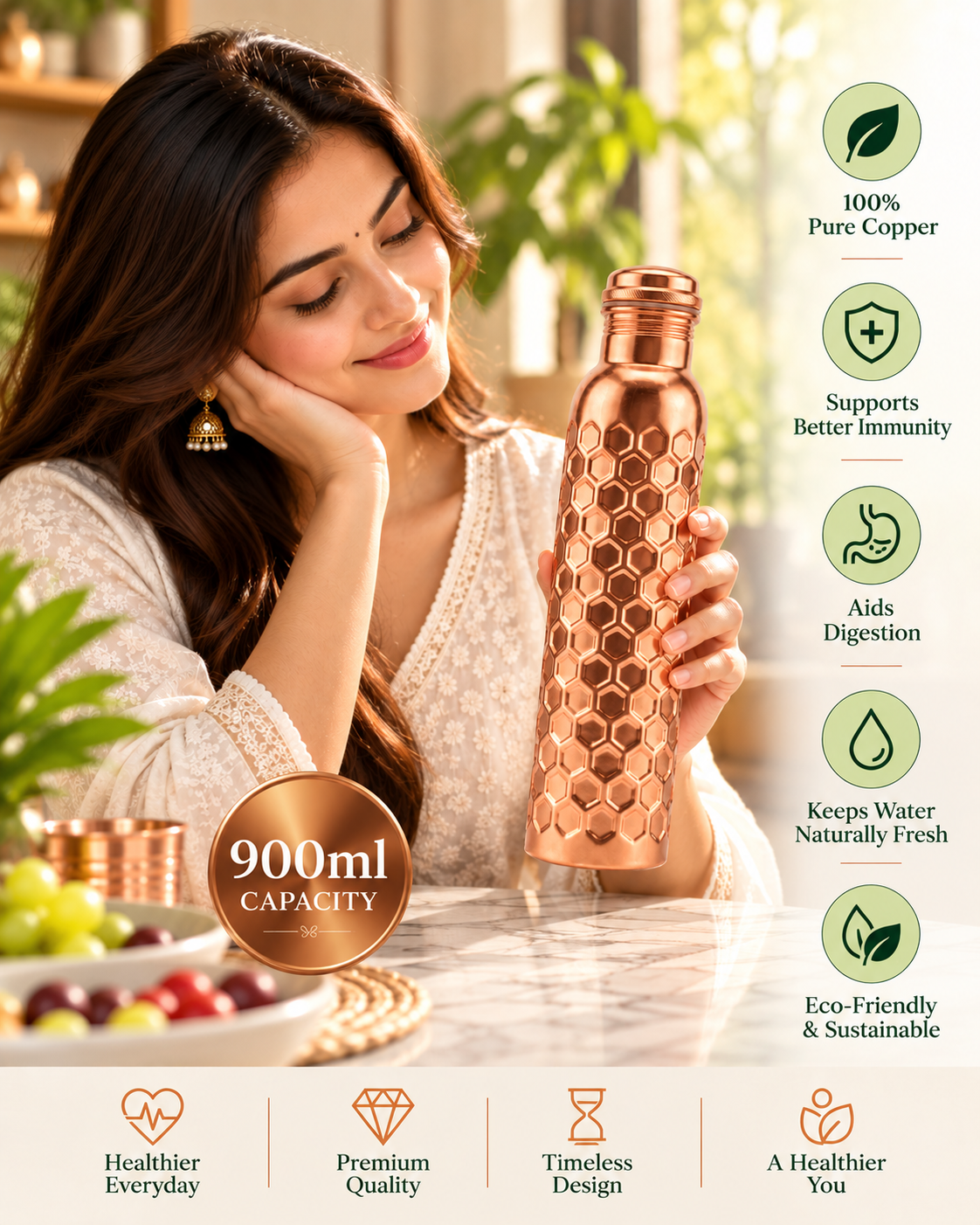 Premium Pure Copper Water Bottle 900ml with Honeycomb Hammered Design – Leak-Proof Ayurveda Health Flask for Wellness, Yoga, and Daily Hydration