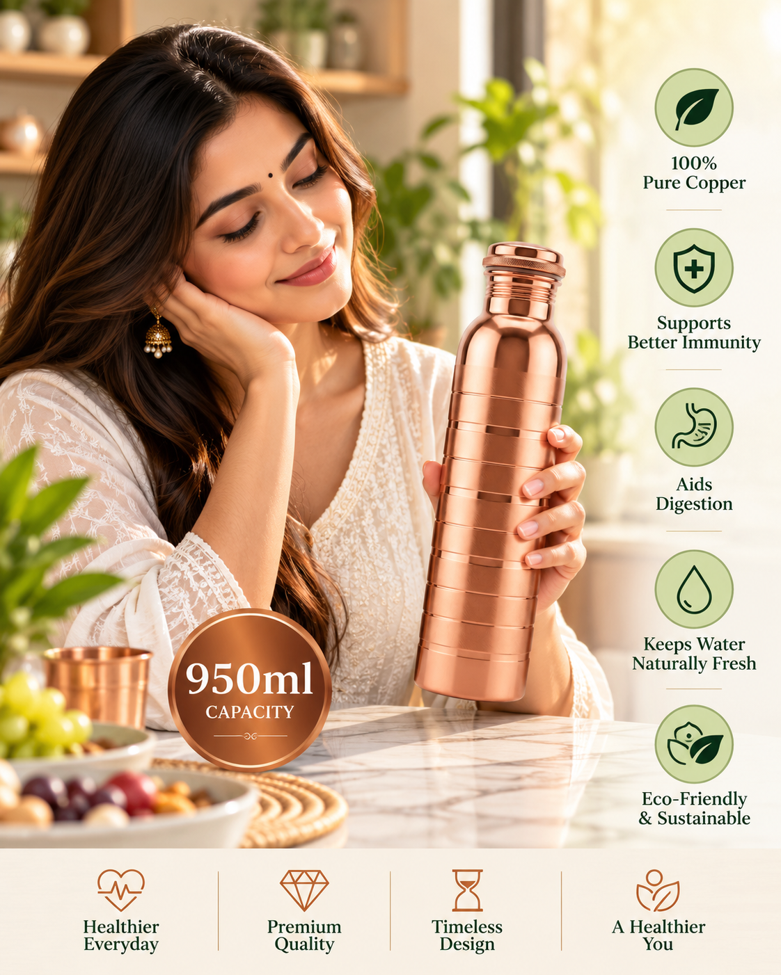 Premium Pure Copper Water Bottle with Horizontal Ring Linear Design – Leak-Proof Designer Ayurveda Health Flask with Matte & Glossy Accents