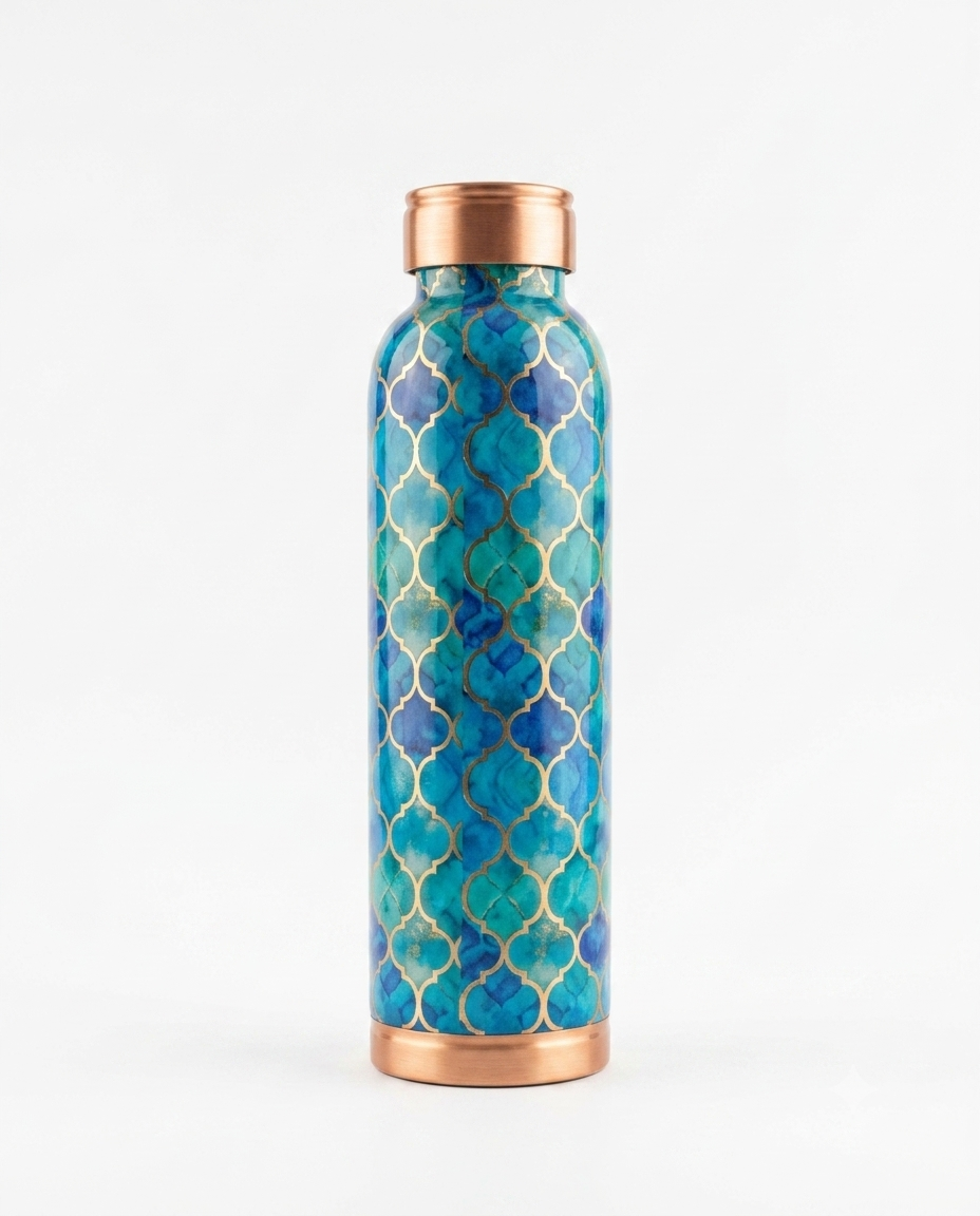 Premium Printed Copper Water Bottle with Luxury Moroccan Trellis Pattern – Leak-Proof Designer Ayurveda Health Flask for Wellness, Travel, and Office
