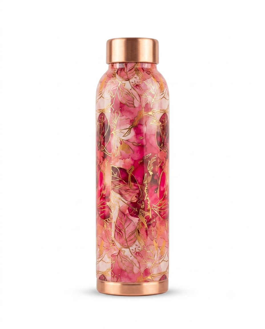 Premium Printed Copper Water Bottle with Luxury Pink Floral Design – Leak-Proof Designer Ayurveda Health Flask with Elegant Gold Accents