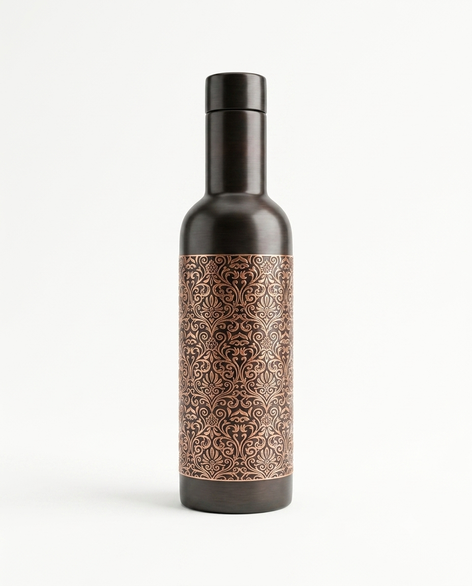 Luxury Antique Finish Copper Water Bottle – Leak-Proof Engraved Damask Pattern Designer Ayurveda Flask with Dark Brushed Finish