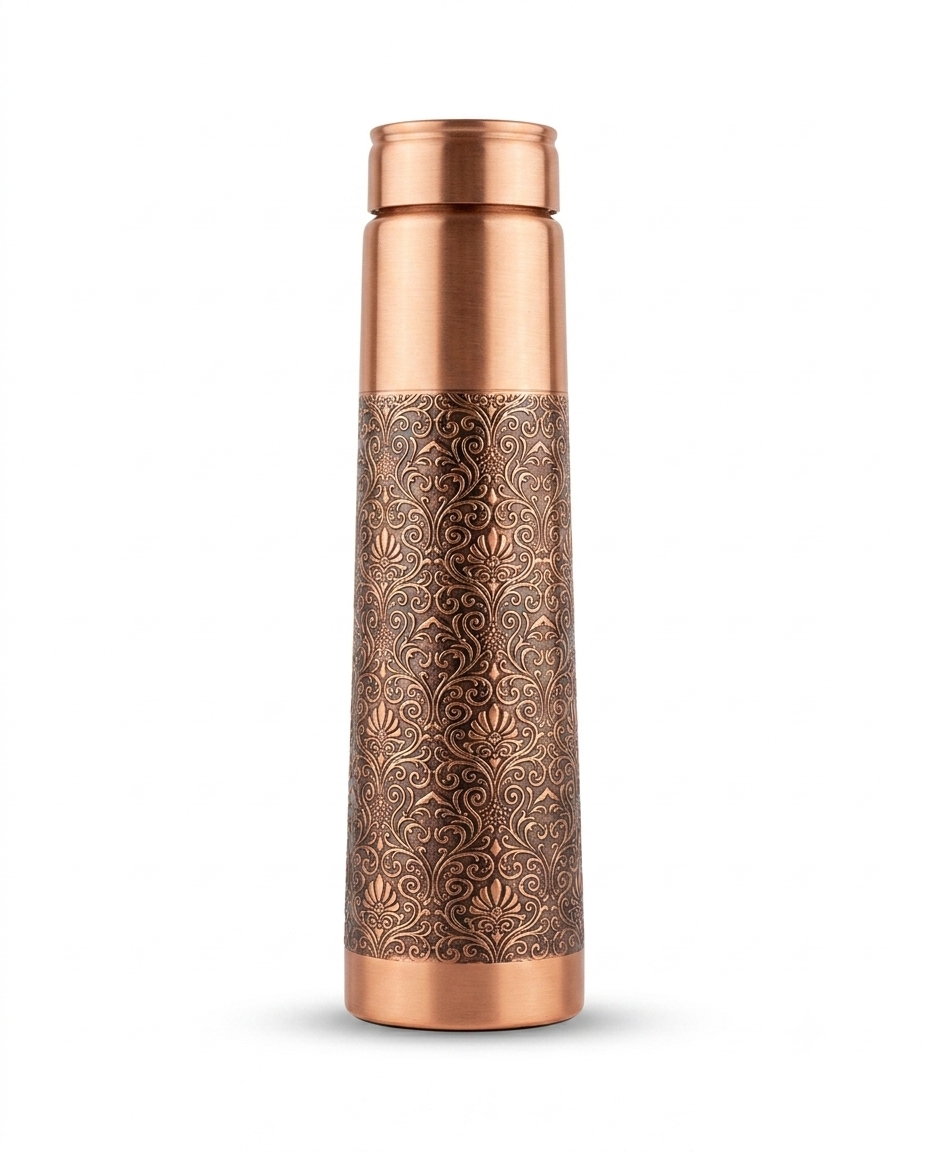 Premium Half-Engraved Pure Copper Water Bottle – Leak-Proof Tapered Designer Ayurveda Flask with Luxury Damask Filigree Pattern