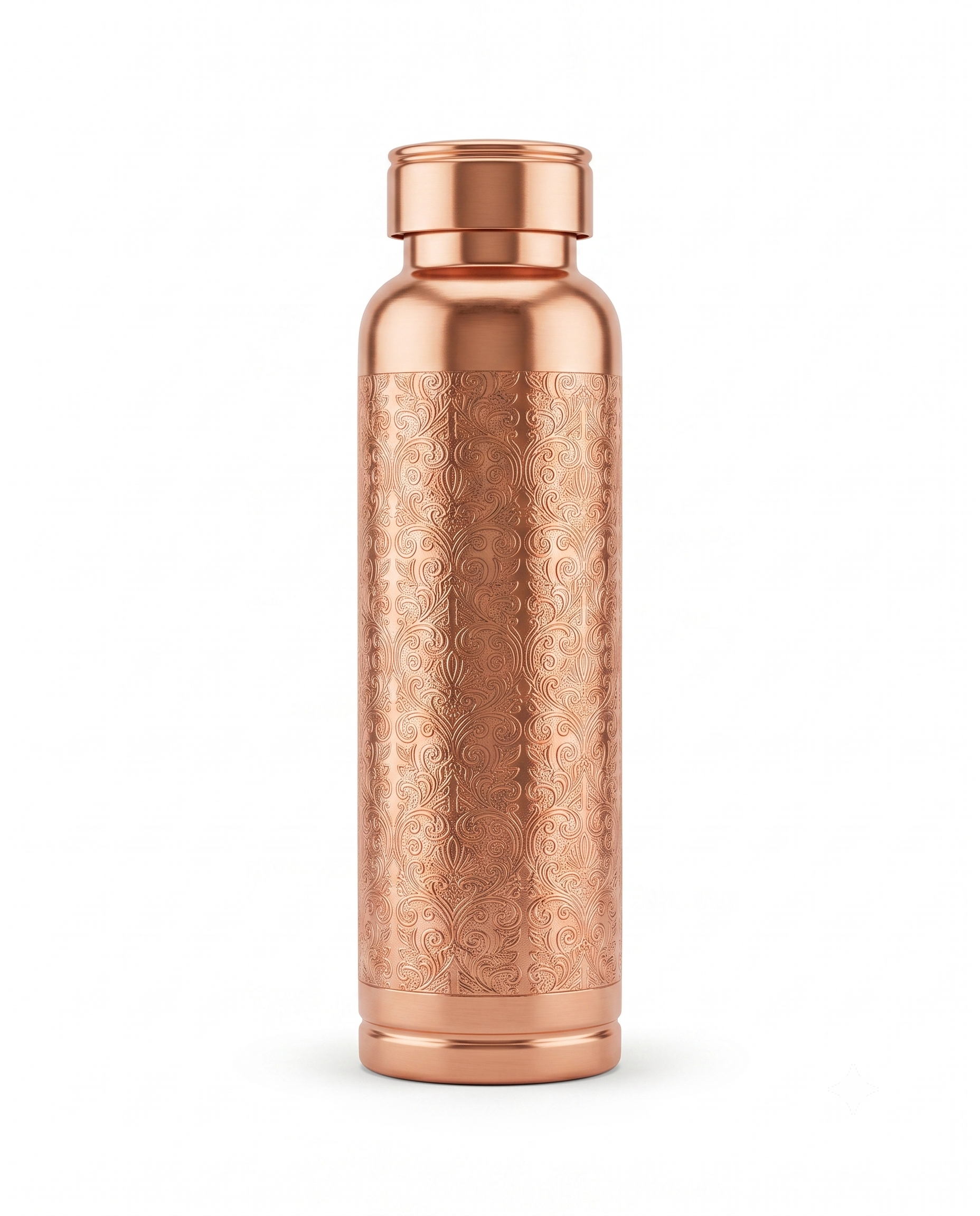 Premium Engraved Pure Copper Water Bottle – Leak-Proof Designer Ayurveda Health Flask with Luxury Damask Filigree Pattern and Flat Top Cap