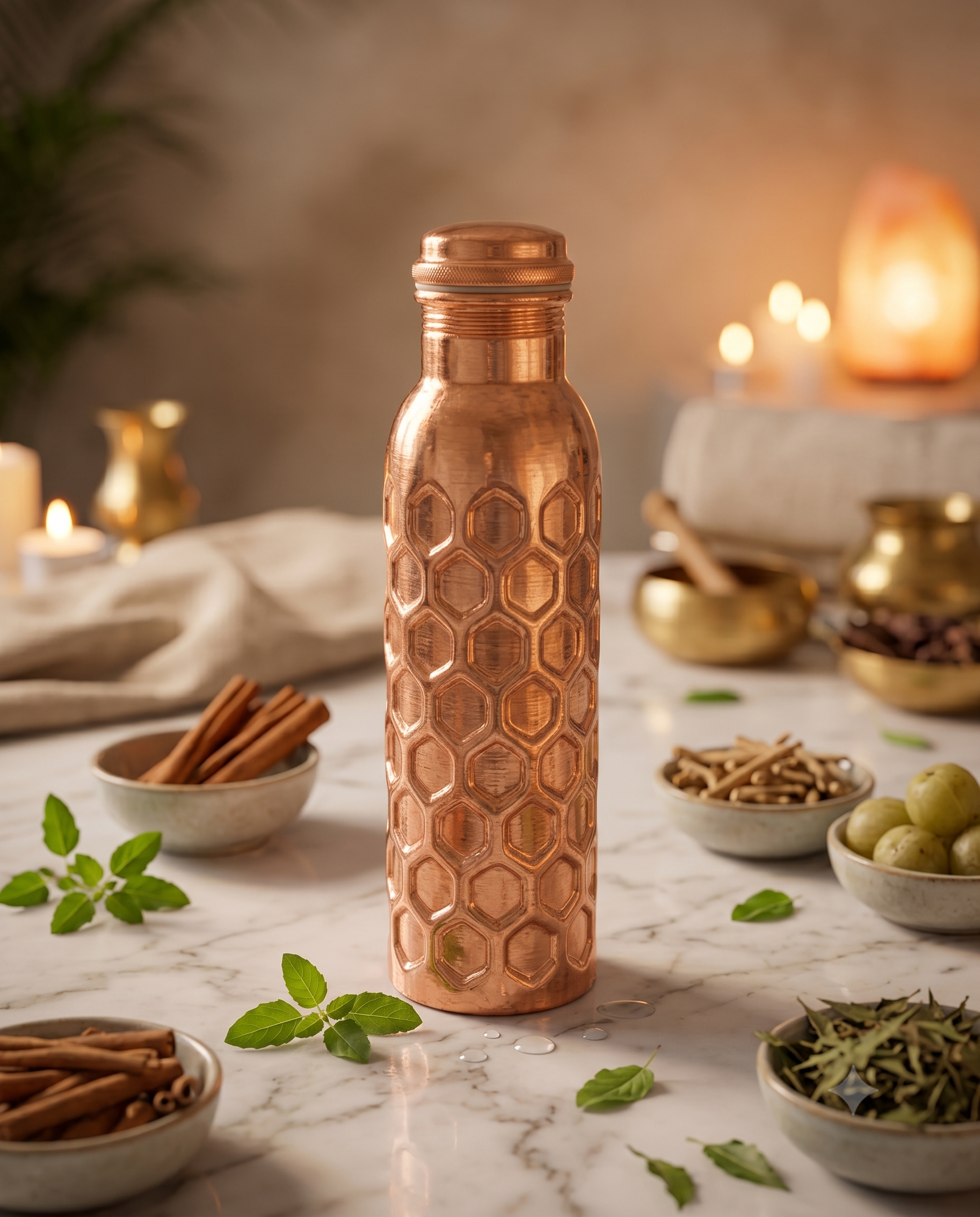 Premium Pure Copper Water Bottle with Honeycomb Hammered Design – Leak-Proof Ayurveda Health Flask for Wellness, Yoga, and Daily Hydration