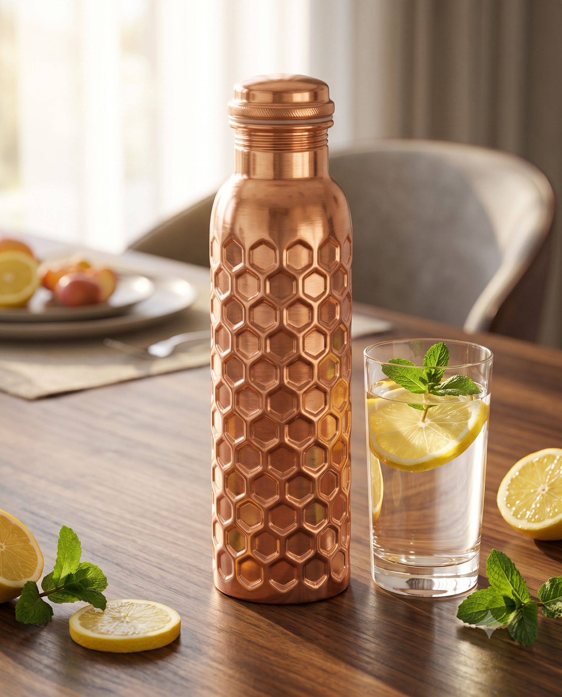 Premium Pure Copper Water Bottle with Honeycomb Hammered Design – Leak-Proof Ayurveda Health Flask for Wellness, Yoga, and Daily Hydration