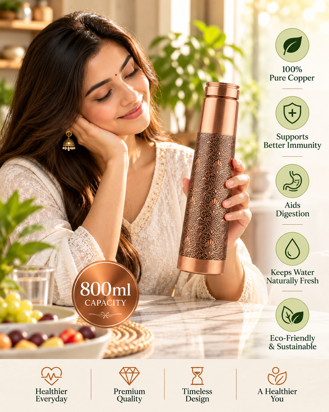 Premium Half-Engraved Pure Copper Water Bottle 800ml – Leak-Proof Tapered Designer Ayurveda Flask with Luxury Damask Filigree Pattern