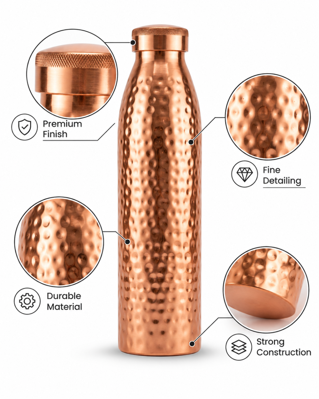 Premium Hammered Pure Copper Water Bottle 950ml – Leak-Proof Designer Ayurveda Health Flask with Flat Top Knurled Cap for Sports, Yoga, and Office Hydration